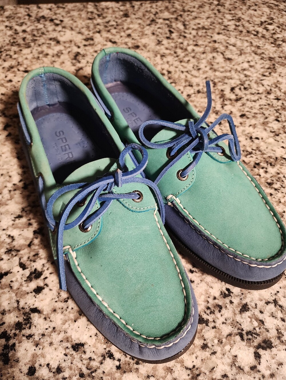 Sperry Teal Green and Navy Blue Two-Tone Leather Boat Shoes